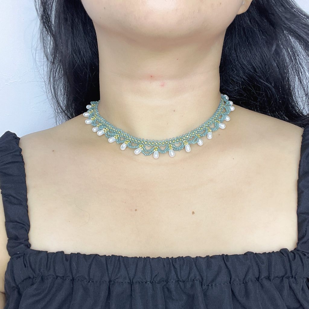 Handmade Teal & Yellow-Green Wave Lace Beaded Choker Necklace | Freshwater Pearl Drop Fringe Ocean Boho Collar