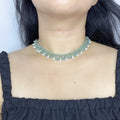 Handmade Teal & Yellow-Green Wave Lace Beaded Choker Necklace | Freshwater Pearl Drop Fringe Ocean Boho Collar