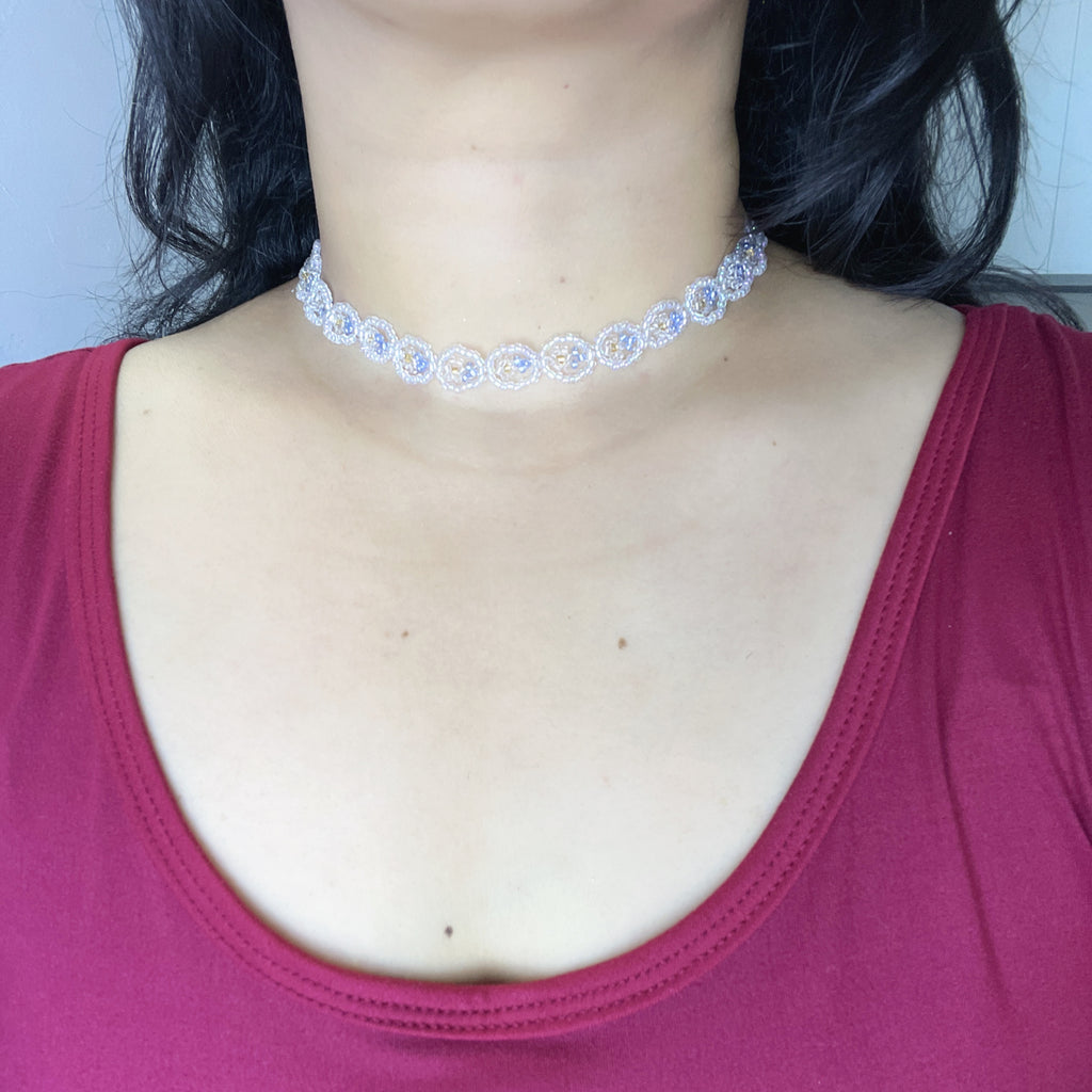 Handmade White Silver Floral Circle Beaded Choker Necklace | Lace Daisy Chain Bridal Collar