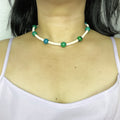 Handmade White Shell Heishi & Green Agate Choker Necklace | Blue Bead Tropical Beach Boho Collar