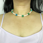 Handmade White Shell Heishi & Green Agate Choker Necklace | Blue Bead Tropical Beach Boho Collar