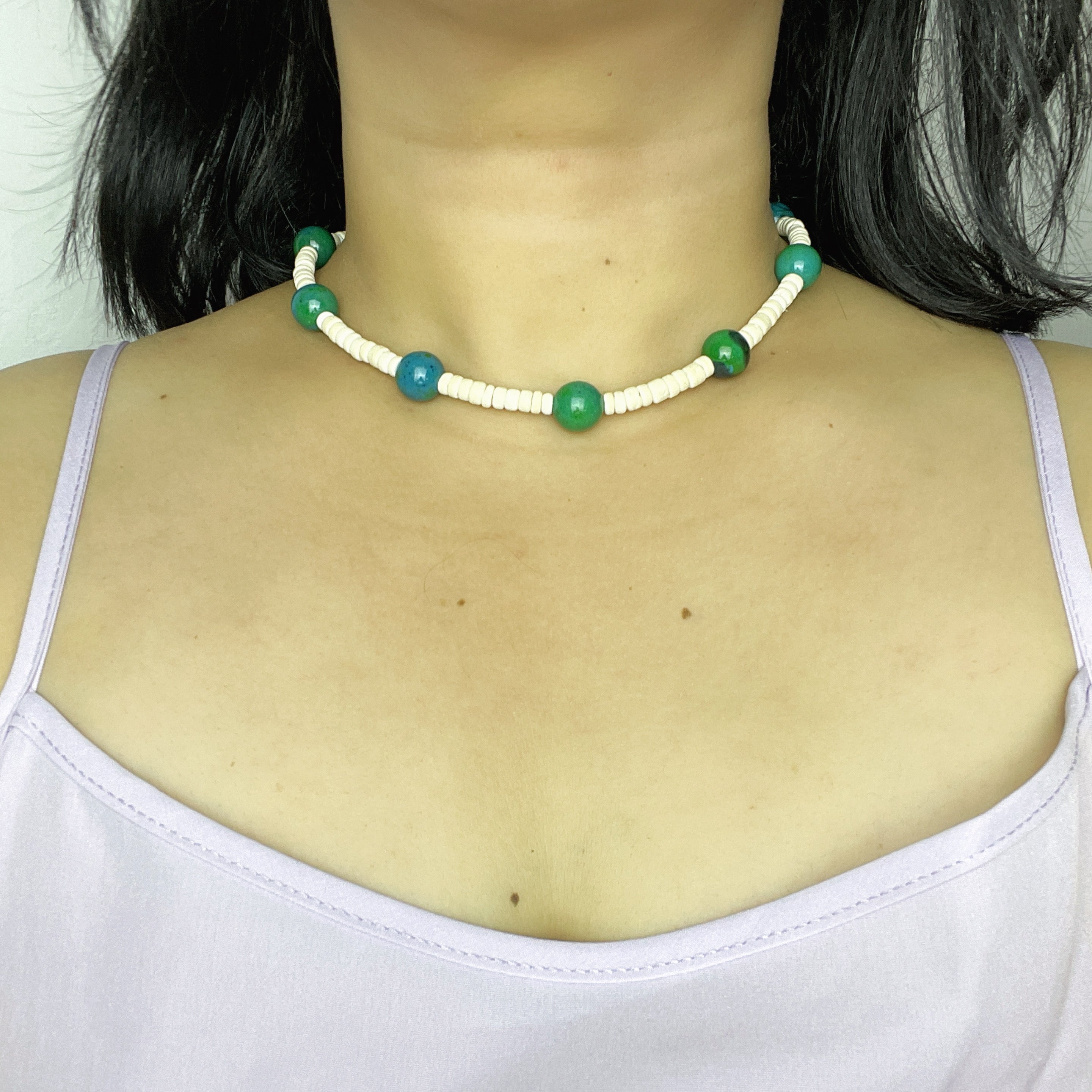 Handmade White Shell Heishi & Green Agate Choker Necklace | Blue Bead Tropical Beach Boho Collar