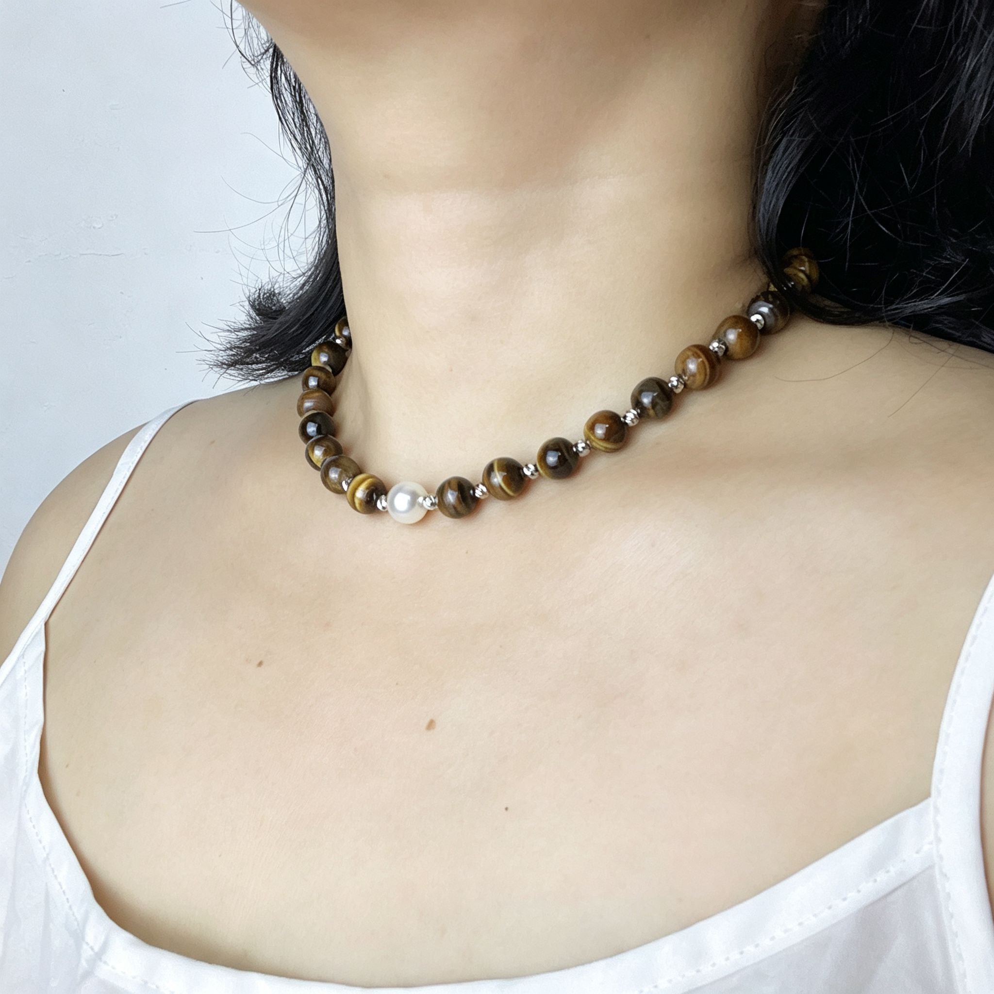 Handmade Tiger Eye Choker Necklace with Baroque Pearl Focal | Silver Spacer Natural Stone