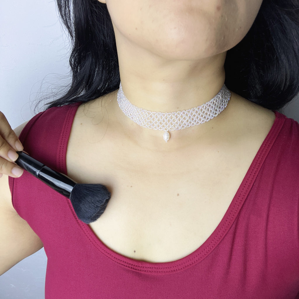 Handmade White Transparent Diamond Mesh Beaded Choker Necklace | Heart Pearl Drop Y2K Minimalist Collar