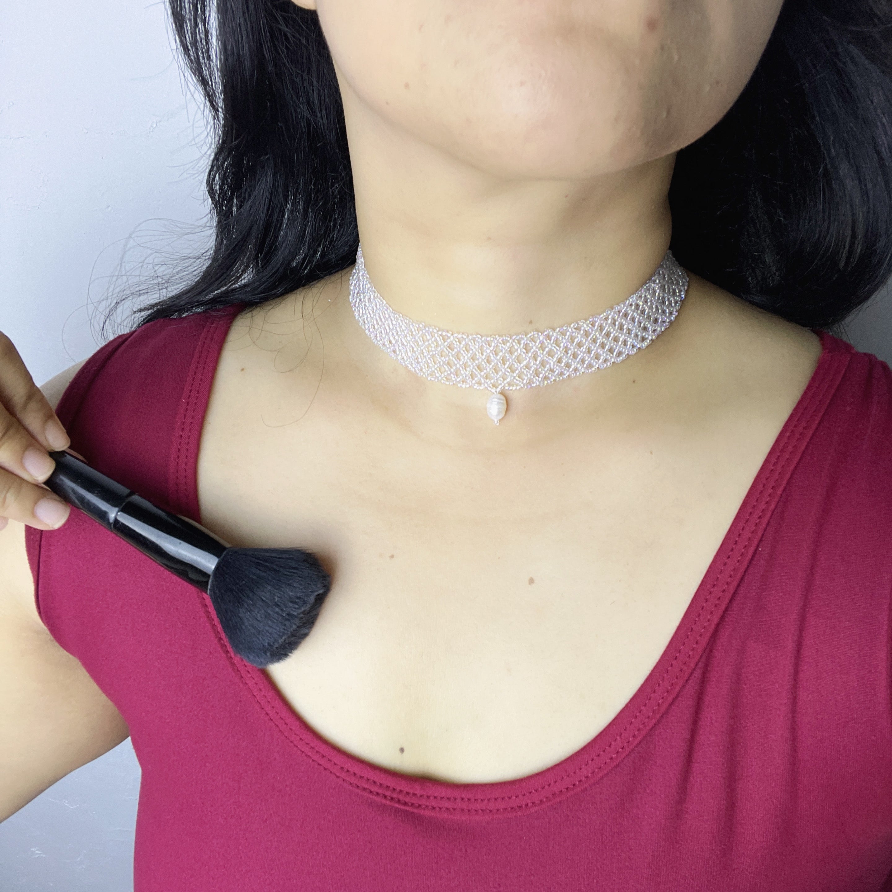 Handmade White Transparent Diamond Mesh Beaded Choker Necklace | Heart Pearl Drop Y2K Minimalist Collar
