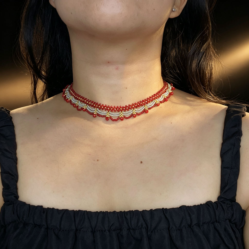 Handmade Red Silver & Gold Double Scallop Beaded Choker Necklace | Luxe Wide Collar Statement