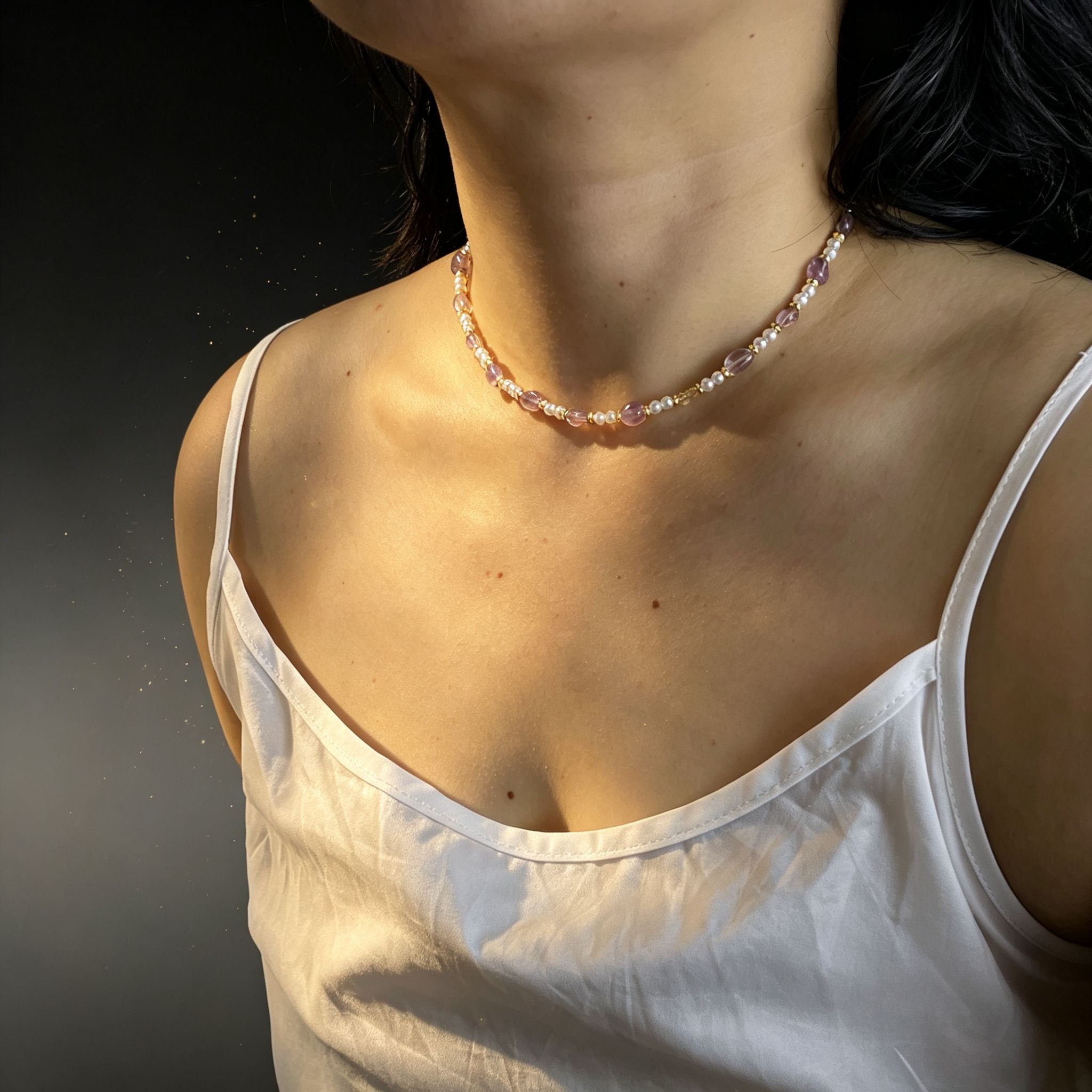 Handmade Amethyst Tumbled Stone & Pearl Choker Necklace | Gold Spacer Natural Stone Jewelry