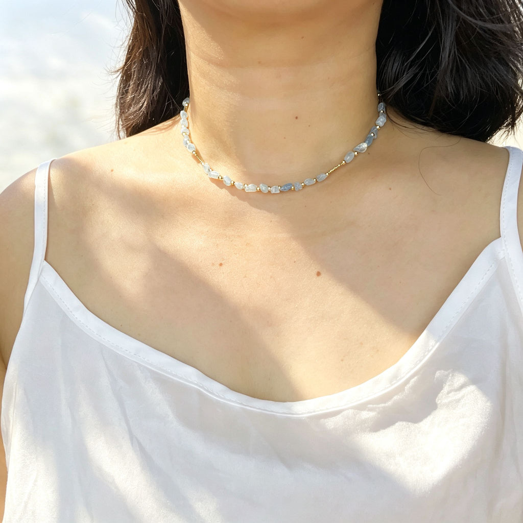 Handmade Aquamarine Chip Stone Choker Necklace | Gold Round & Tube Spacer Heart Charm Extender