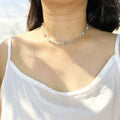 Handmade Aquamarine Chip Stone Choker Necklace | Gold Round & Tube Spacer Heart Charm Extender
