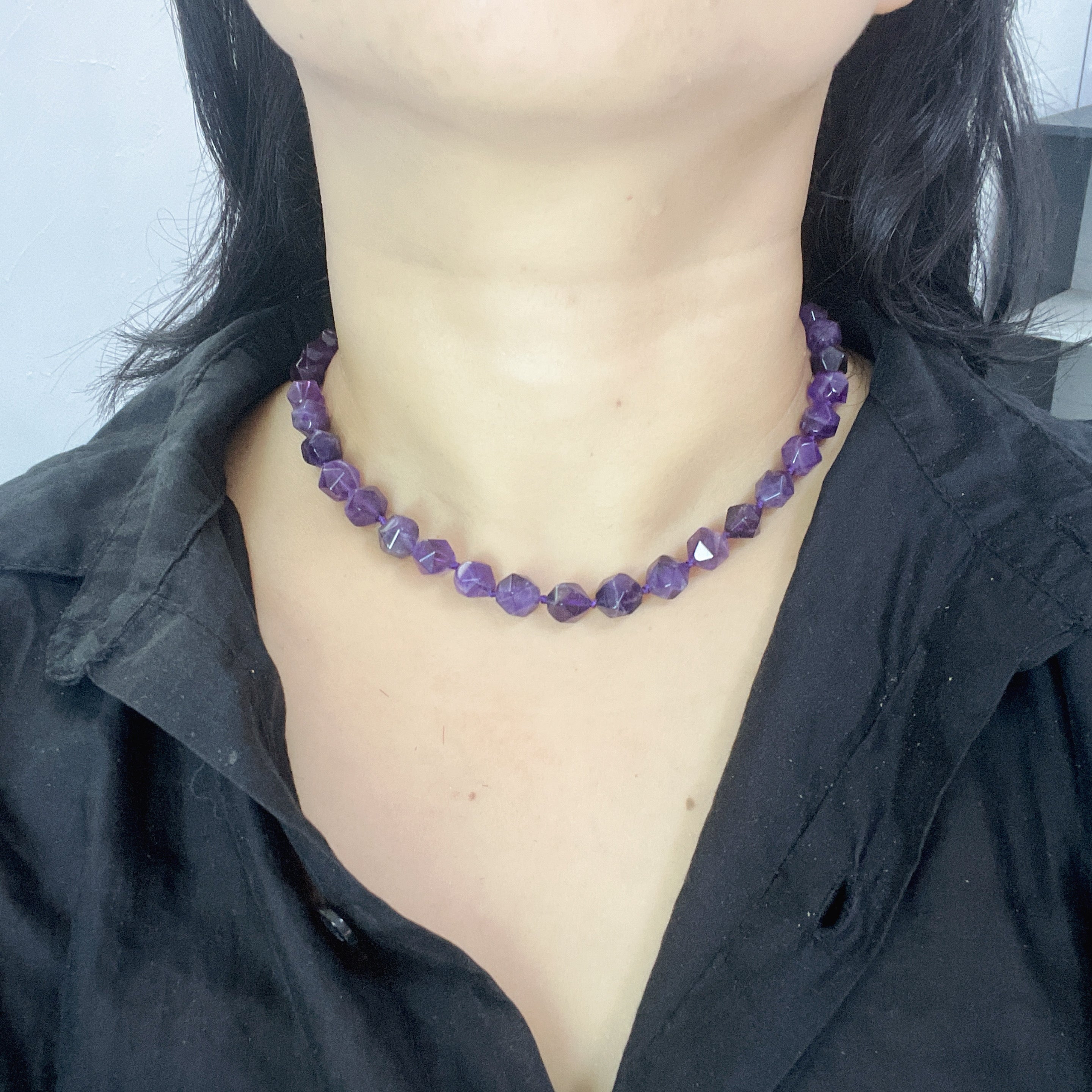 Handmade Deep Purple Amethyst Star-Cut Beaded Choker Necklace | Natural Gemstone Faceted Crystal Collar