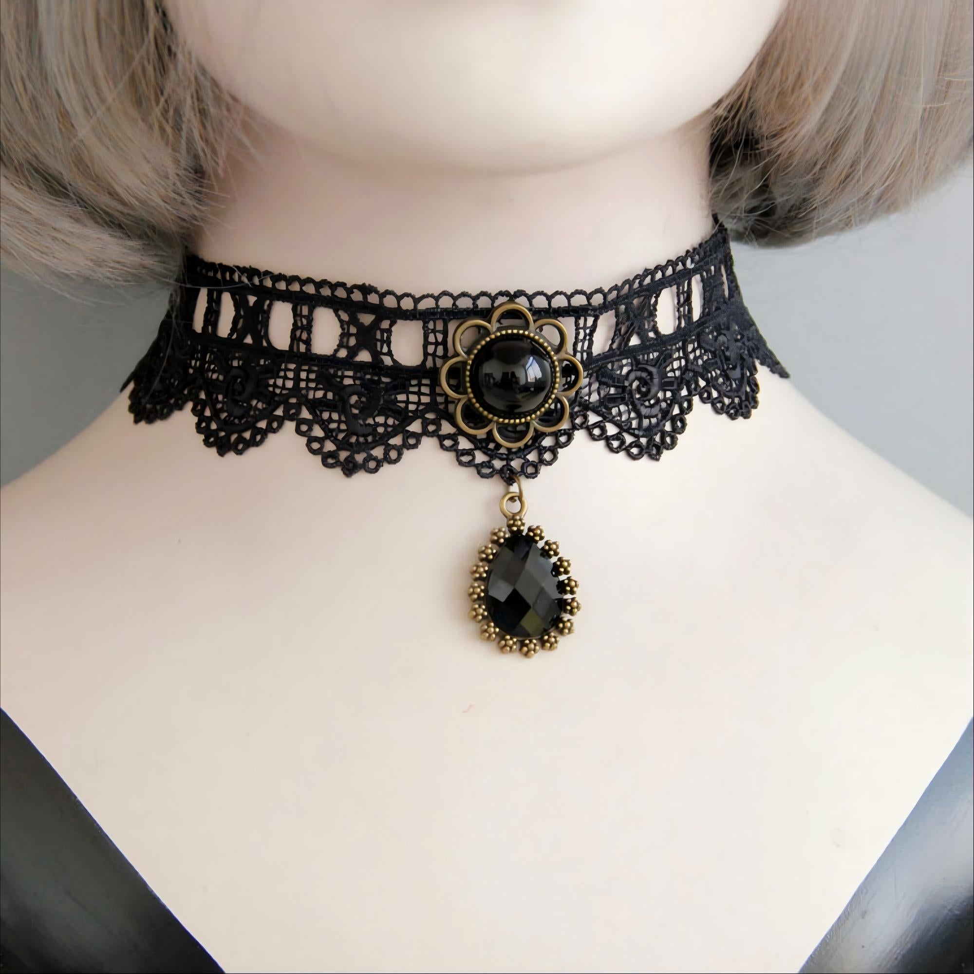 Black Lace Choker Necklace | Victorian Gothic Antique Bronze Flower Gem & Crystal Teardrop Drop Pendant Vampire Dark Aesthetic Everyday Gothic Jewelry Gift