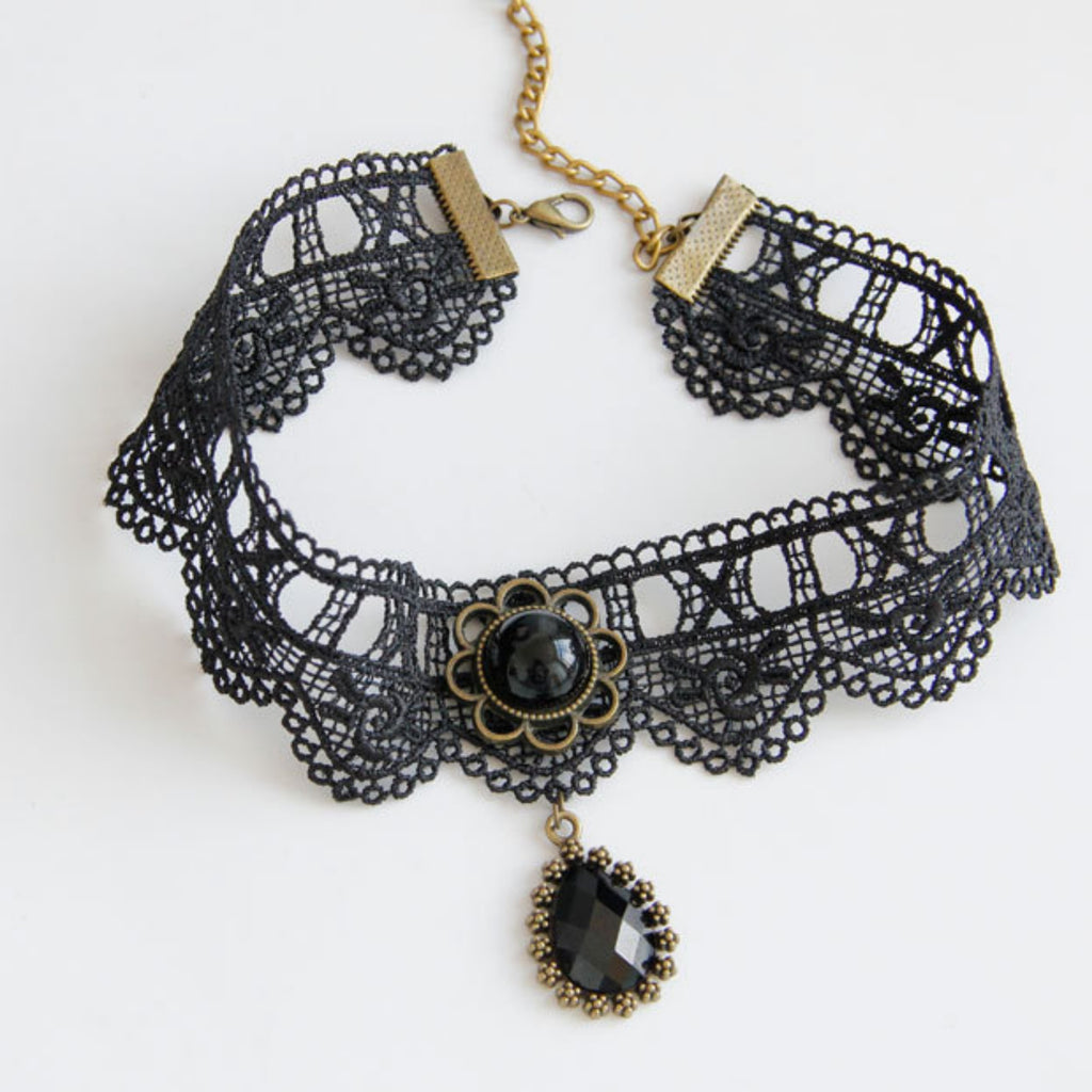 Black Lace Choker Necklace | Victorian Gothic Antique Bronze Flower Gem & Crystal Teardrop Drop Pendant Vampire Dark Aesthetic Everyday Gothic Jewelry Gift