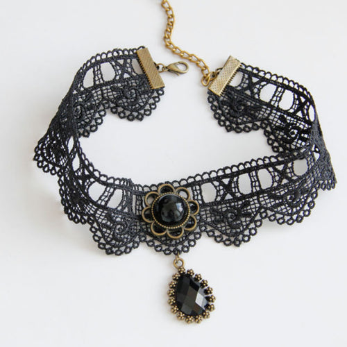 Black Lace Choker Necklace | Victorian Gothic Antique Bronze Flower Gem & Crystal Teardrop Drop Pendant Vampire Dark Aesthetic Everyday Gothic Jewelry Gift