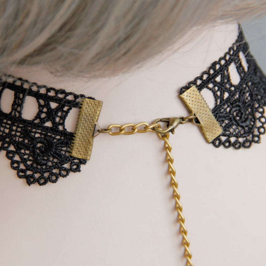 Black Lace Choker Necklace | Victorian Gothic Antique Bronze Flower Gem & Crystal Teardrop Drop Pendant Vampire Dark Aesthetic Everyday Gothic Jewelry Gift