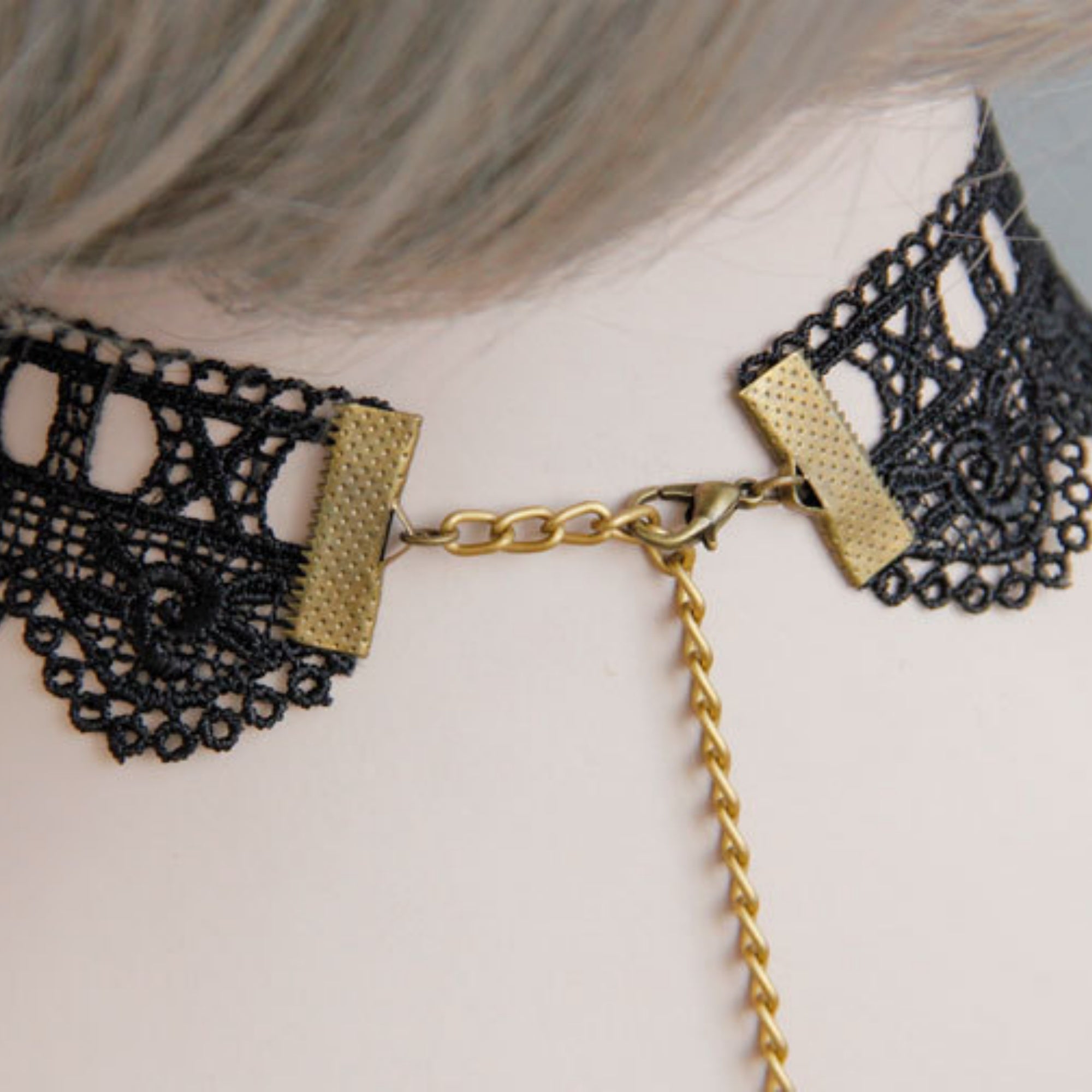 Black Lace Choker Necklace | Victorian Gothic Antique Bronze Flower Gem & Crystal Teardrop Drop Pendant Vampire Dark Aesthetic Everyday Gothic Jewelry Gift