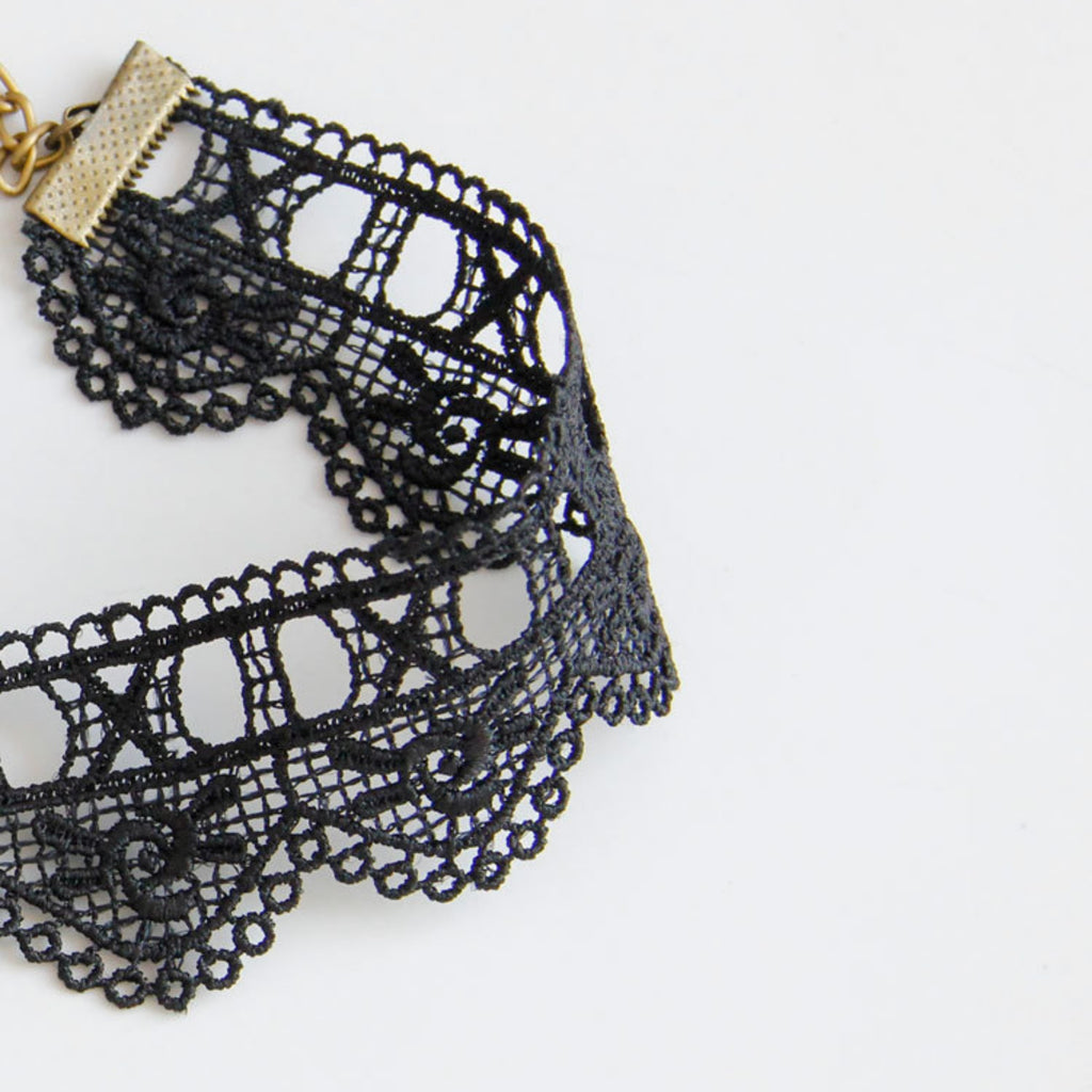 Black Lace Choker Necklace | Victorian Gothic Antique Bronze Flower Gem & Crystal Teardrop Drop Pendant Vampire Dark Aesthetic Everyday Gothic Jewelry Gift