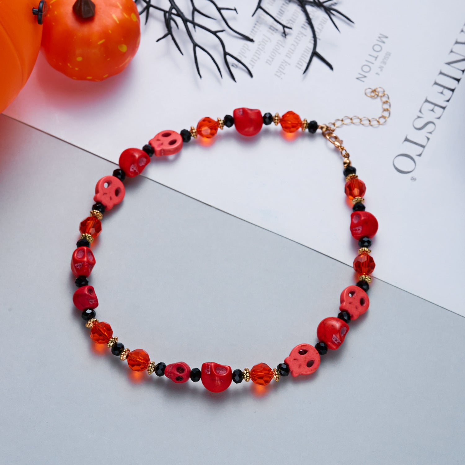 Halloween Red Skull Bead Necklace | Orange Black Crystal Gold Spacer Choker Halloween Jewelry Statement