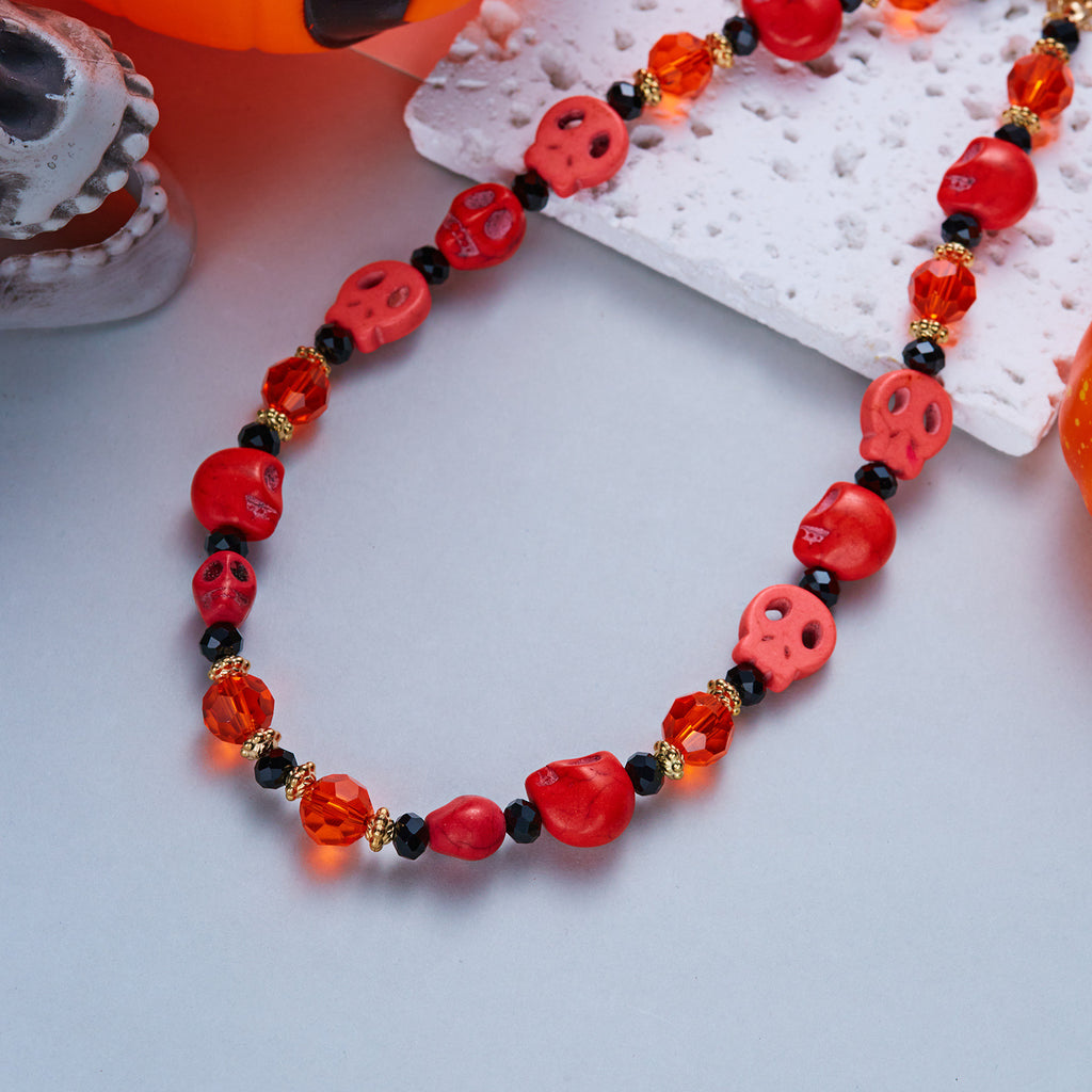 Halloween Red Skull Bead Necklace | Orange Black Crystal Gold Spacer Choker Halloween Jewelry Statement