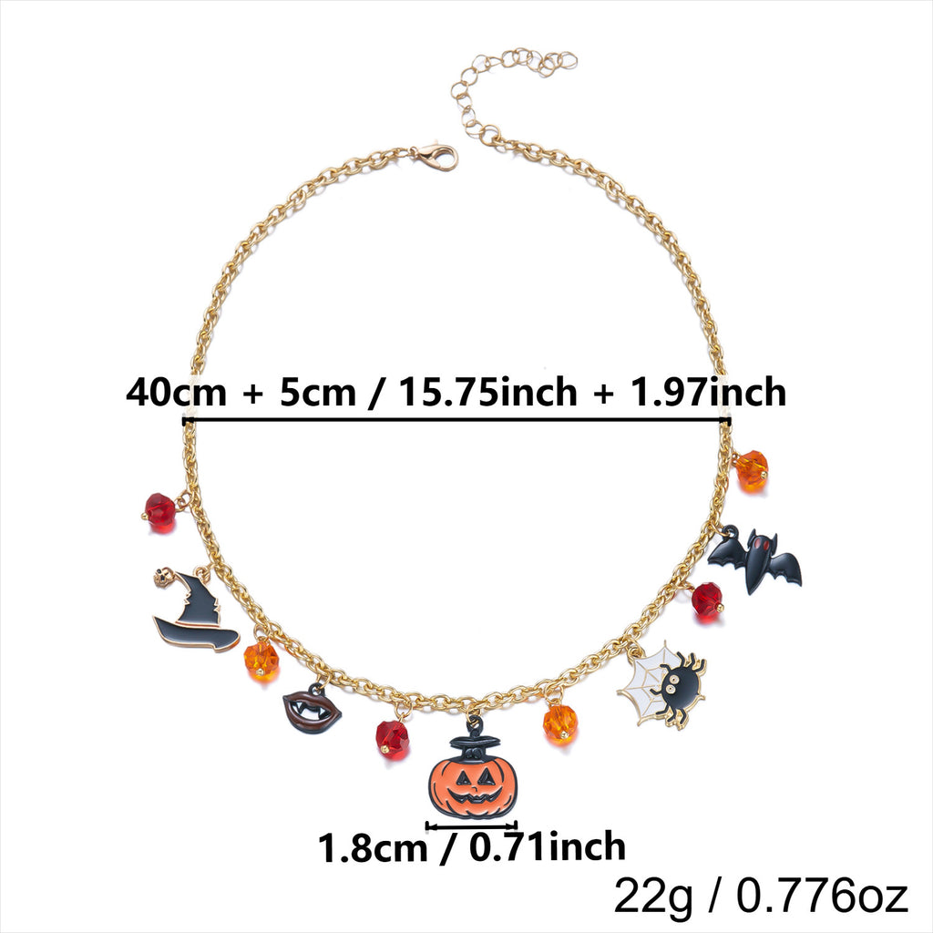 Halloween Witch Hat Pumpkin Bat Spider Charm Gold Chain Necklace | Red Crystal Bead Enamel Charm Halloween Jewelry