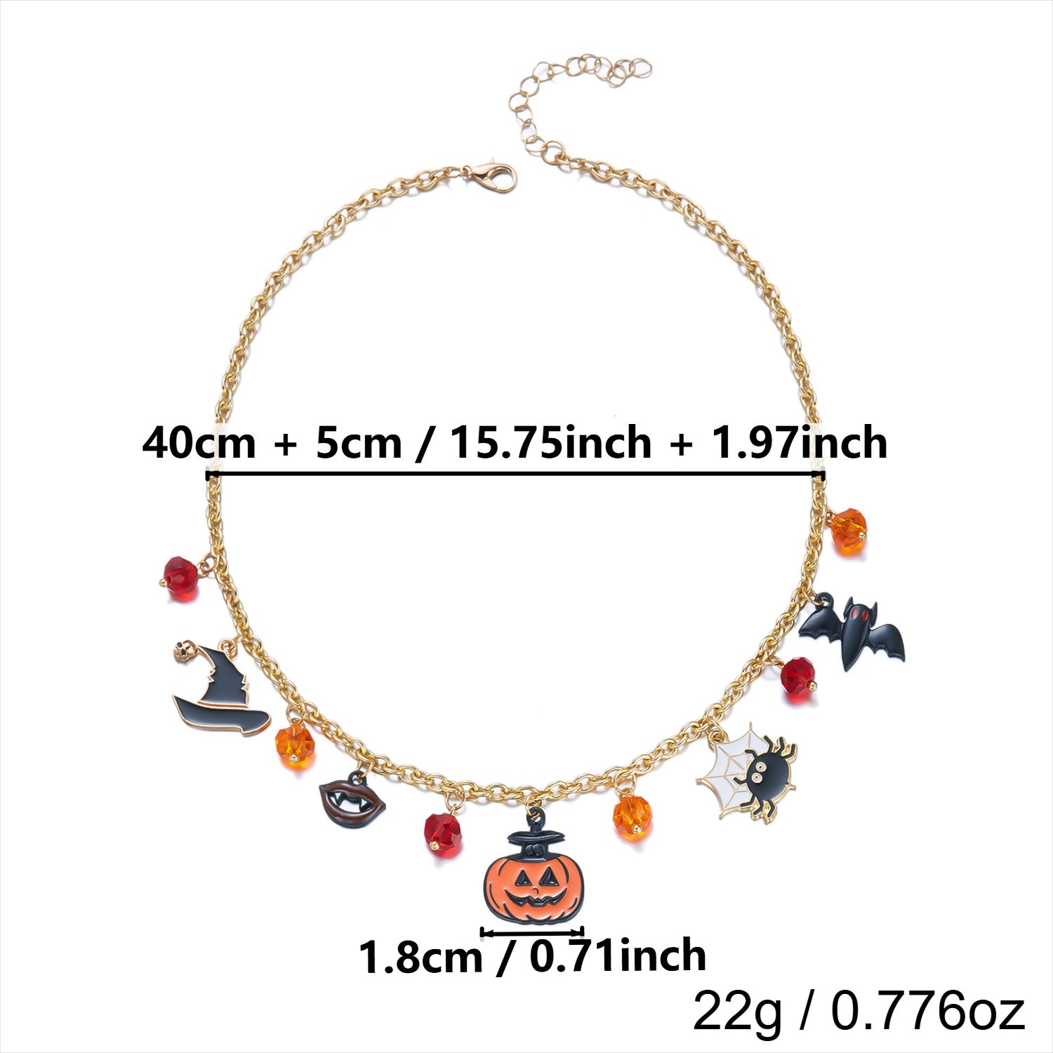 Halloween Witch Hat Pumpkin Bat Spider Charm Gold Chain Necklace | Red Crystal Bead Enamel Charm Halloween Jewelry
