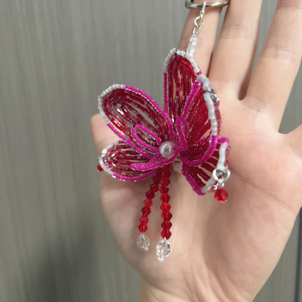 Handmade 3D Crimson & Rose Orchid Beaded Keychain | Pearl Center Red Crystal Tassel Bag Charm Statement