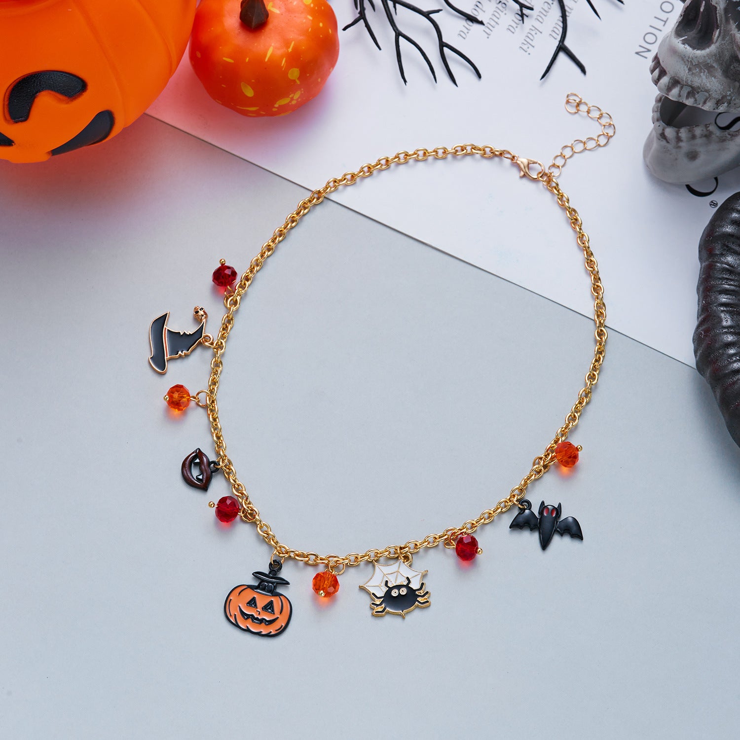 Halloween Witch Hat Pumpkin Bat Spider Charm Gold Chain Necklace | Red Crystal Bead Enamel Charm Halloween Jewelry