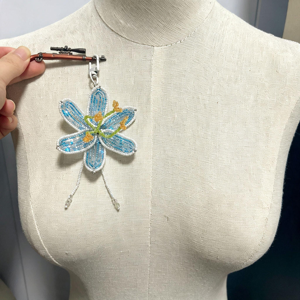 Handmade 3D Blue & White Beaded Lily Flower Keychain | Green Stem Amber Stamen Crystal Drop Bag Charm