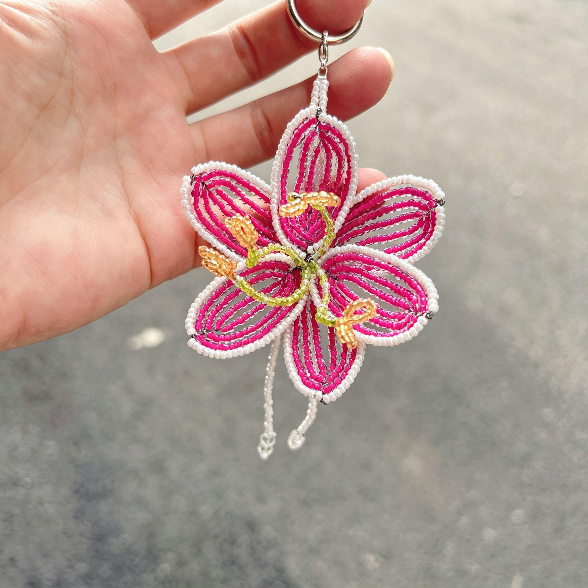 Handmade 3D Hot Pink & White Beaded Flower Bag Charm | Crystal Drop Tassel Keychain Fairycore Statement