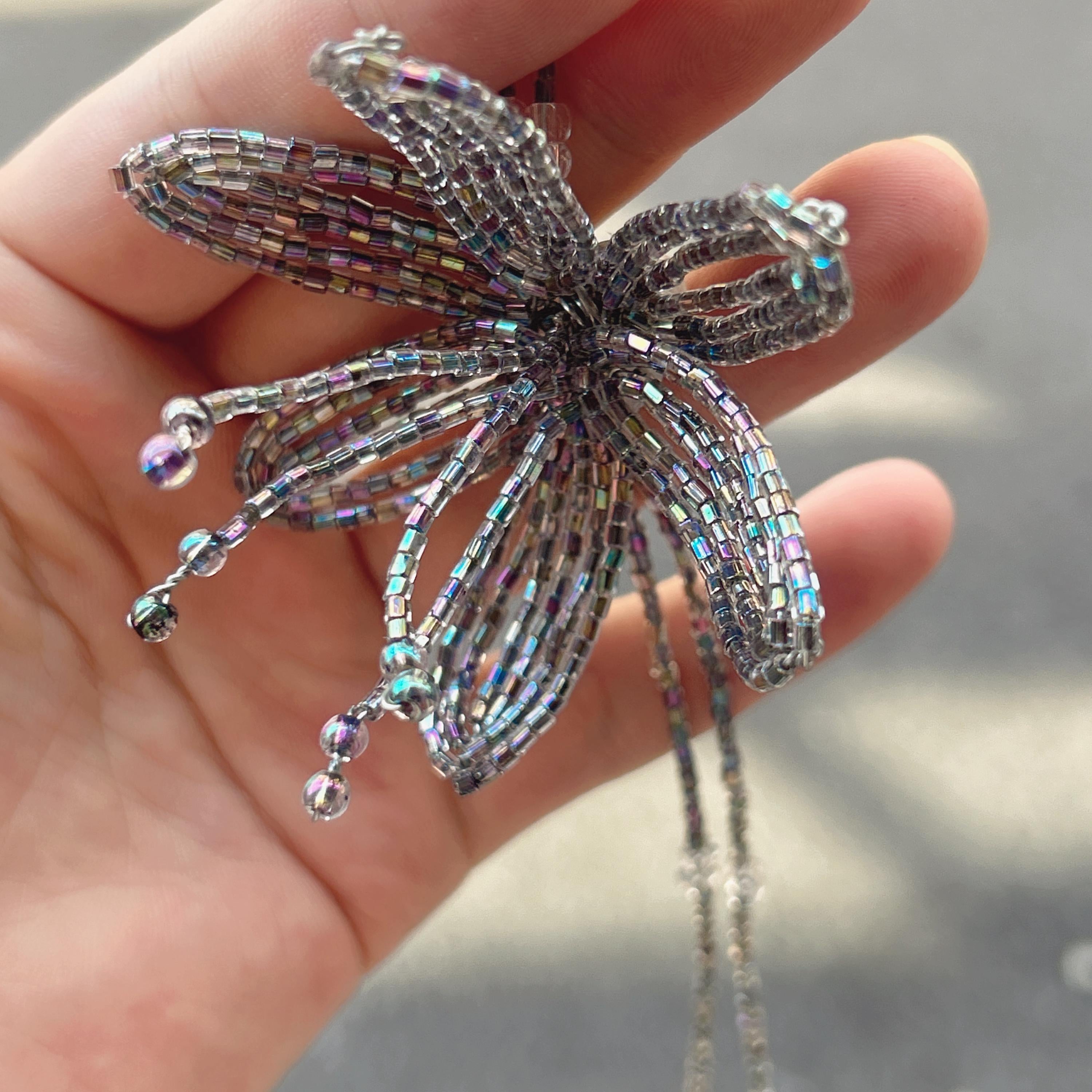 Handmade 3D Silver Aurora Iridescent Lily Flower Beaded Keychain | Metallic Rainbow Tube Bead Bag Charm