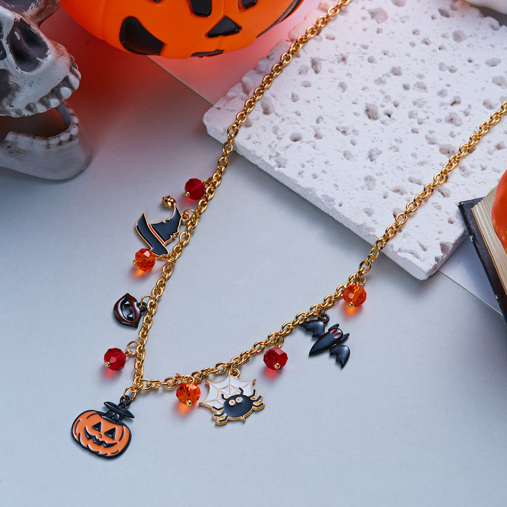 Halloween Witch Hat Pumpkin Bat Spider Charm Gold Chain Necklace | Red Crystal Bead Enamel Charm Halloween Jewelry