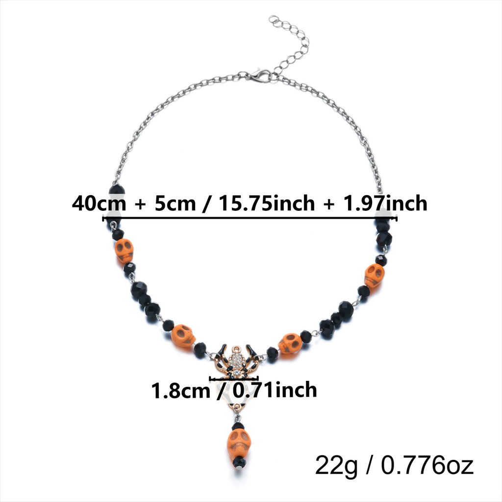 Halloween Orange Skull Bead Black Crystal Necklace | Rhinestone Spider Pendant Skull Drop Halloween Jewelry