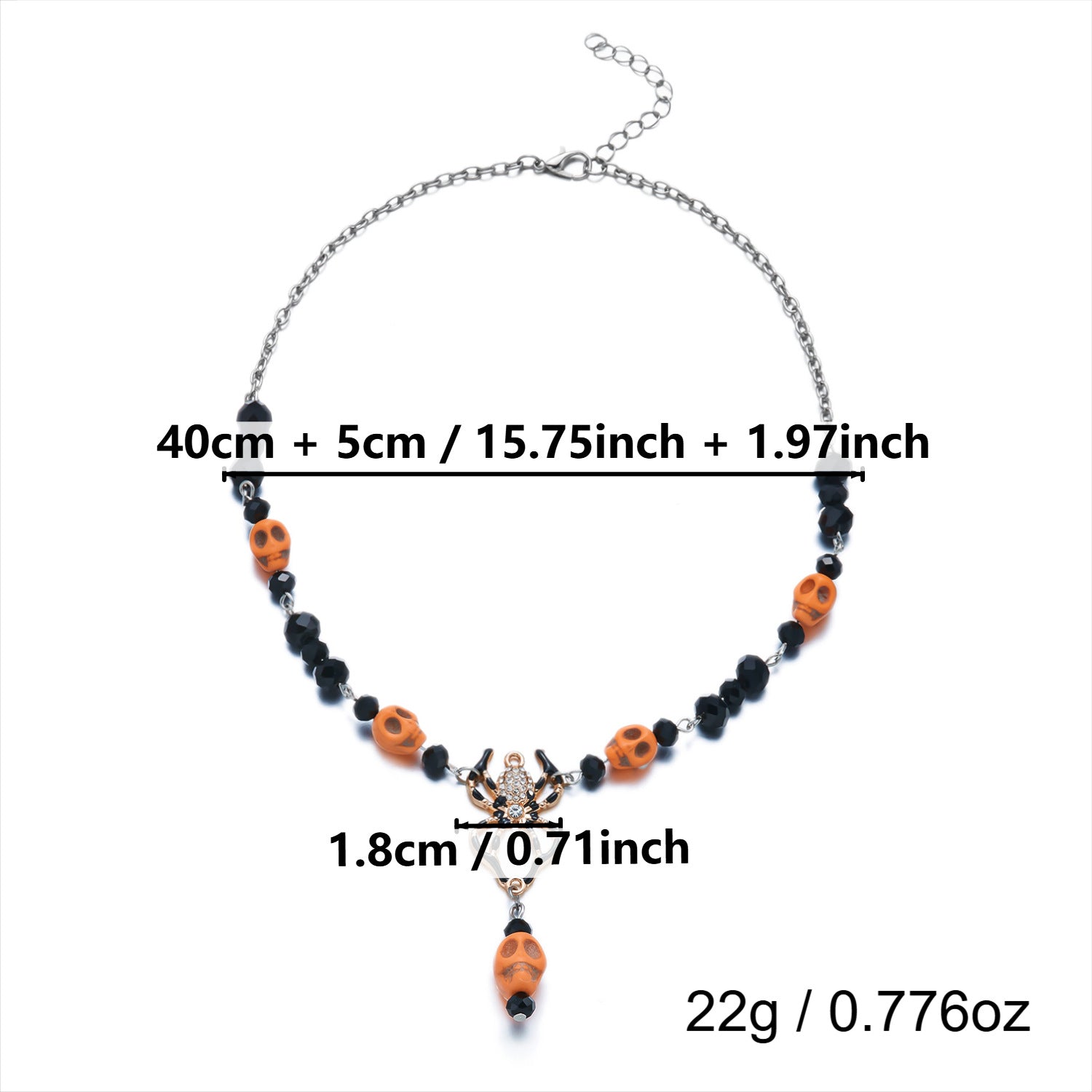 Halloween Orange Skull Bead Black Crystal Necklace | Rhinestone Spider Pendant Skull Drop Halloween Jewelry