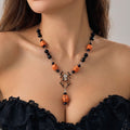 Halloween Orange Skull Bead Black Crystal Necklace | Rhinestone Spider Pendant Skull Drop Halloween Jewelry