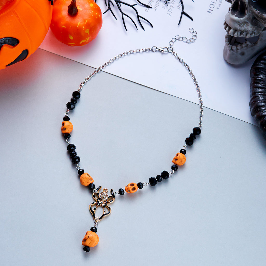 Halloween Orange Skull Bead Black Crystal Necklace | Rhinestone Spider Pendant Skull Drop Halloween Jewelry