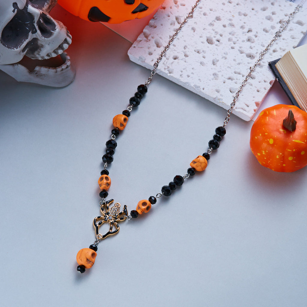 Halloween Orange Skull Bead Black Crystal Necklace | Rhinestone Spider Pendant Skull Drop Halloween Jewelry