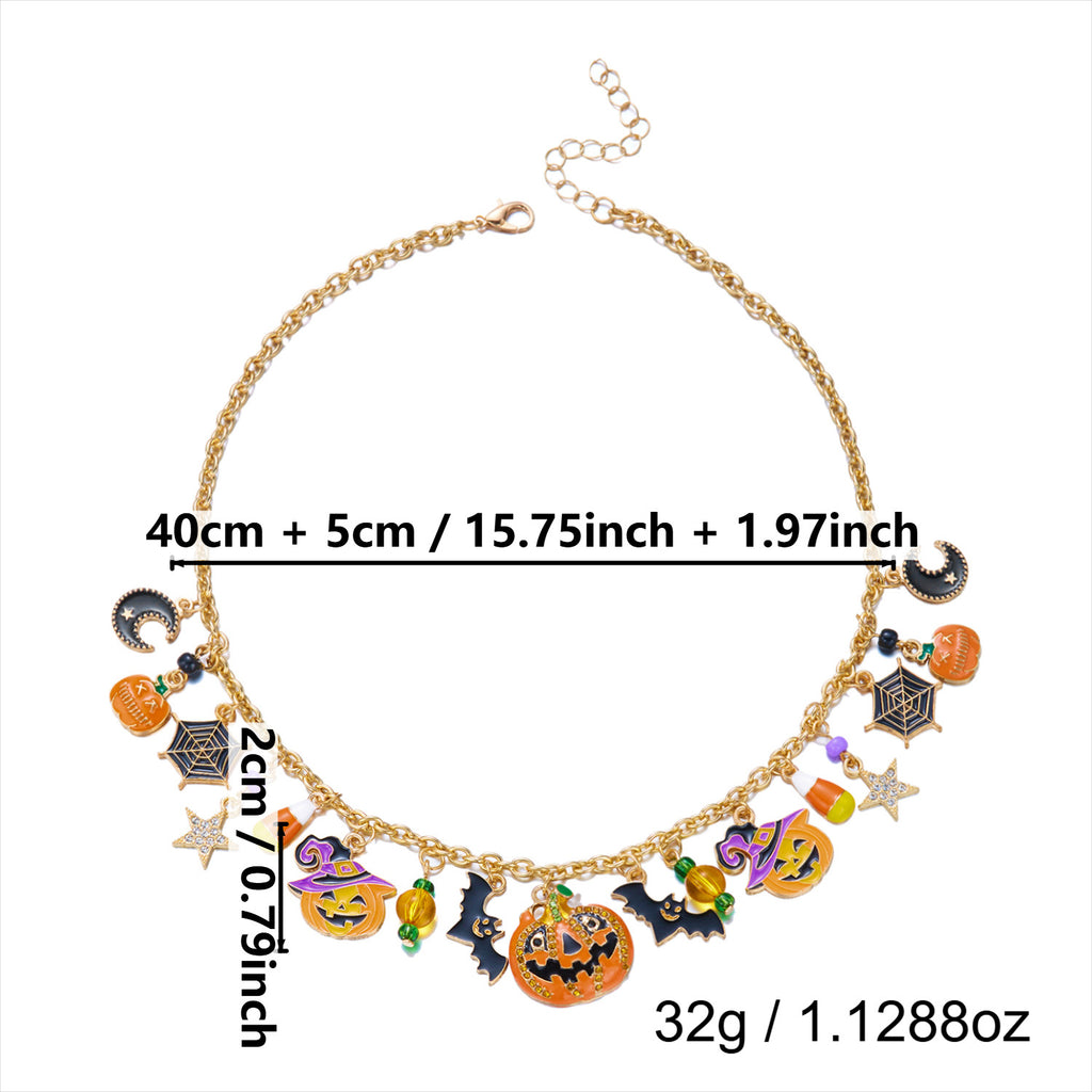Halloween Pumpkin Multi-Charm Gold Chain Necklace | Jack-o-Lantern Bat Spider Web Moon Star Enamel Charm Halloween Jewelry