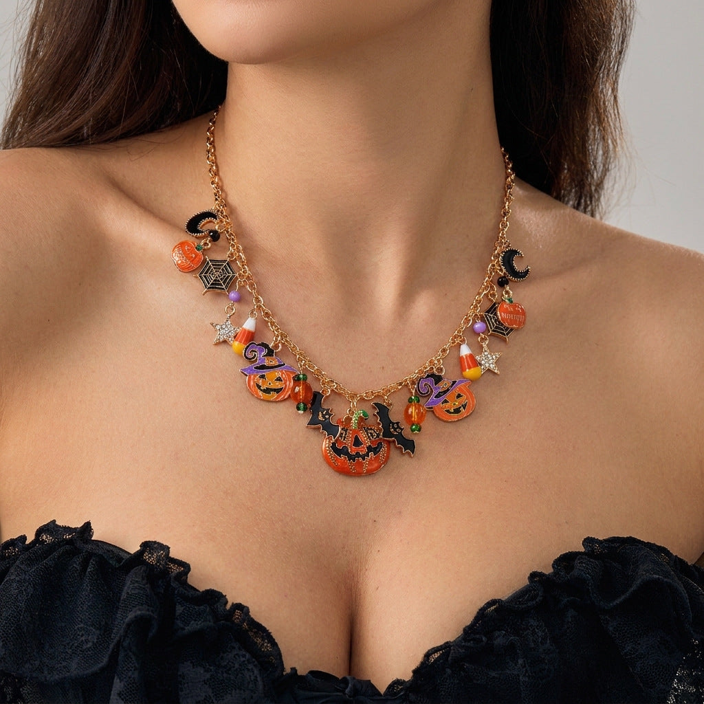 Halloween Pumpkin Multi-Charm Gold Chain Necklace | Jack-o-Lantern Bat Spider Web Moon Star Enamel Charm Halloween Jewelry