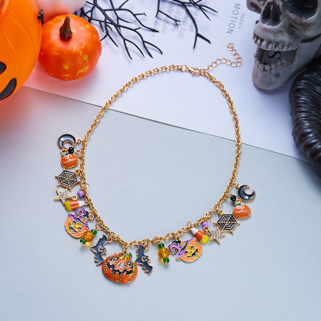 Halloween Pumpkin Multi-Charm Gold Chain Necklace | Jack-o-Lantern Bat Spider Web Moon Star Enamel Charm Halloween Jewelry