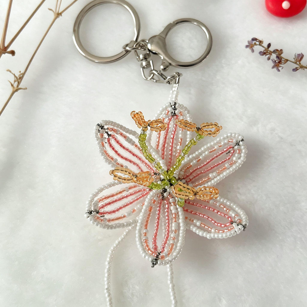 Handmade 3D Beaded Lily Flower Keychain | White Pink Striped Petal Green Stem Amber Stamen Bag Charm