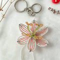 Handmade 3D Beaded Lily Flower Keychain | White Pink Striped Petal Green Stem Amber Stamen Bag Charm