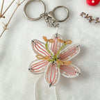 Handmade 3D Beaded Lily Flower Keychain | White Pink Striped Petal Green Stem Amber Stamen Bag Charm