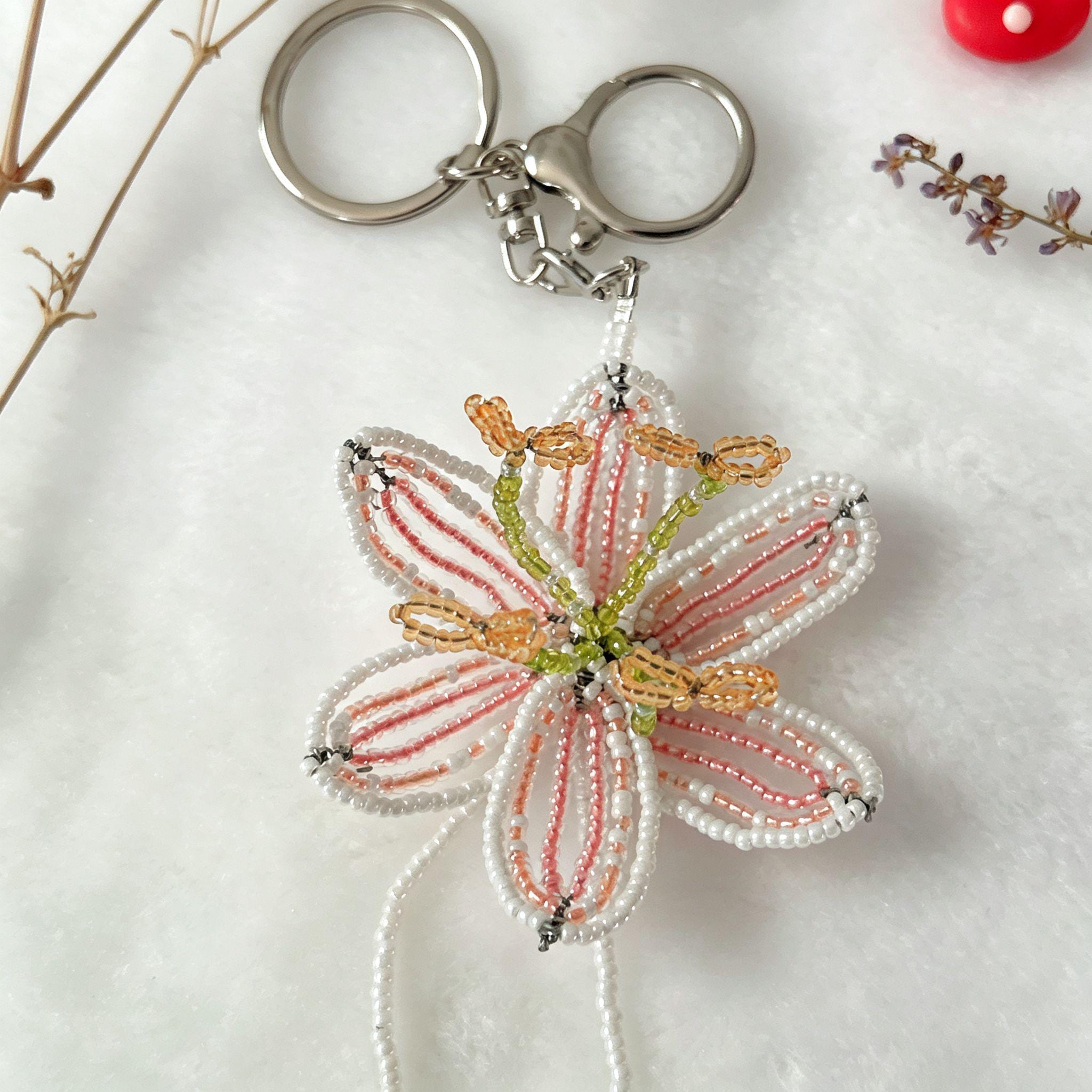 Handmade 3D Beaded Lily Flower Keychain | White Pink Striped Petal Green Stem Amber Stamen Bag Charm