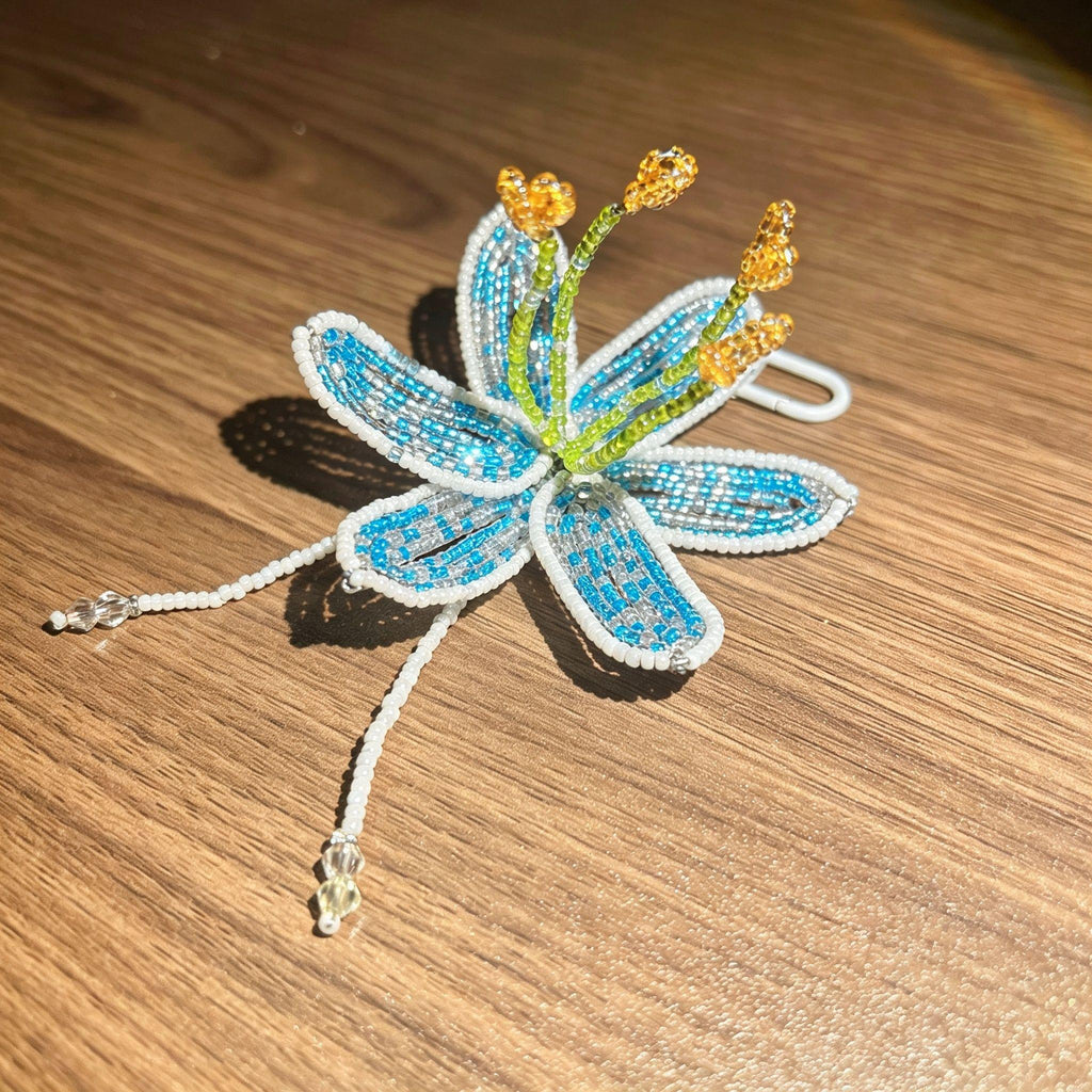 Handmade 3D Blue & White Beaded Lily Flower Keychain | Green Stem Amber Stamen Crystal Drop Bag Charm