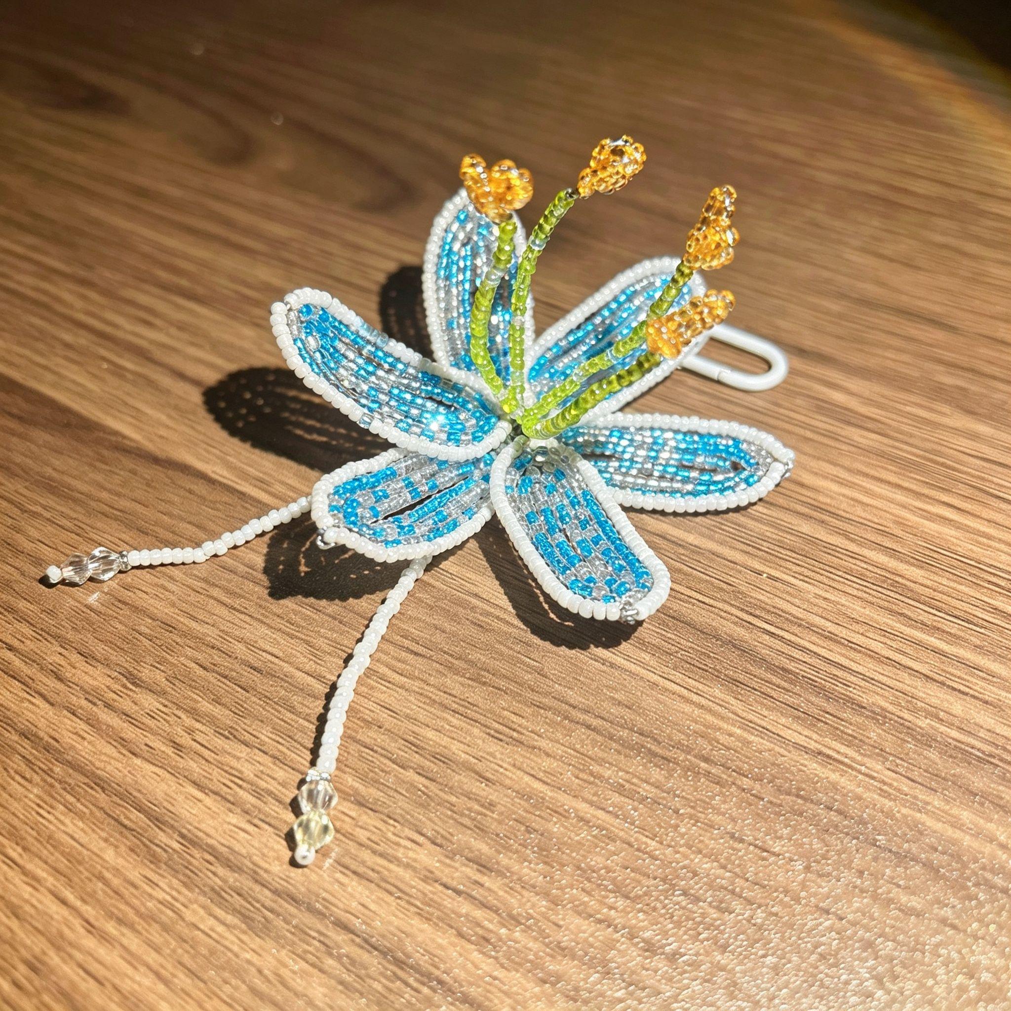 Handmade 3D Blue & White Beaded Lily Flower Keychain | Green Stem Amber Stamen Crystal Drop Bag Charm