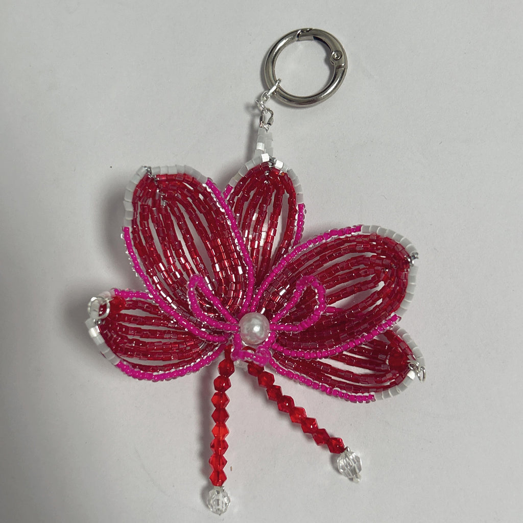 Handmade 3D Crimson & Rose Orchid Beaded Keychain | Pearl Center Red Crystal Tassel Bag Charm Statement