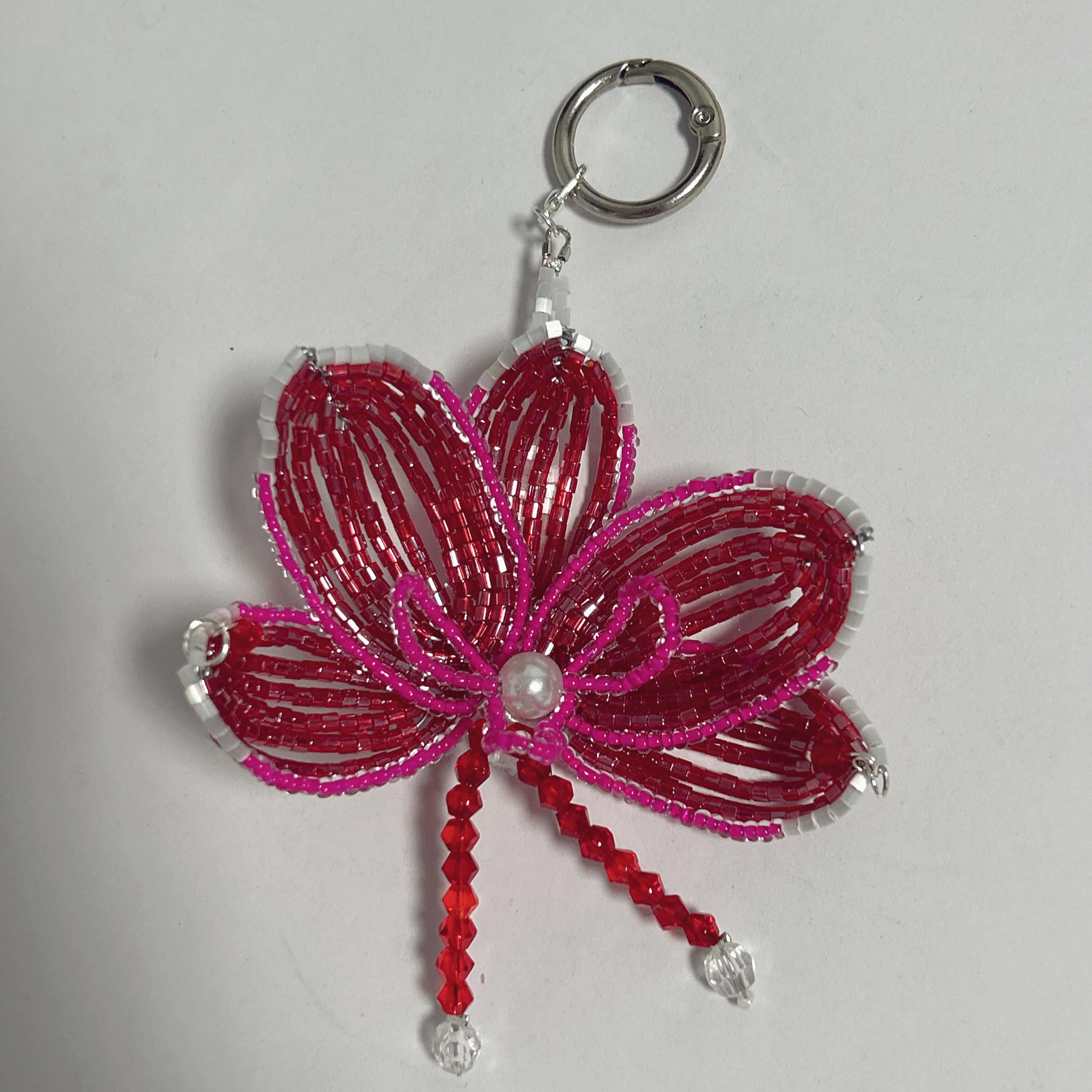 Handmade 3D Crimson & Rose Orchid Beaded Keychain | Pearl Center Red Crystal Tassel Bag Charm Statement
