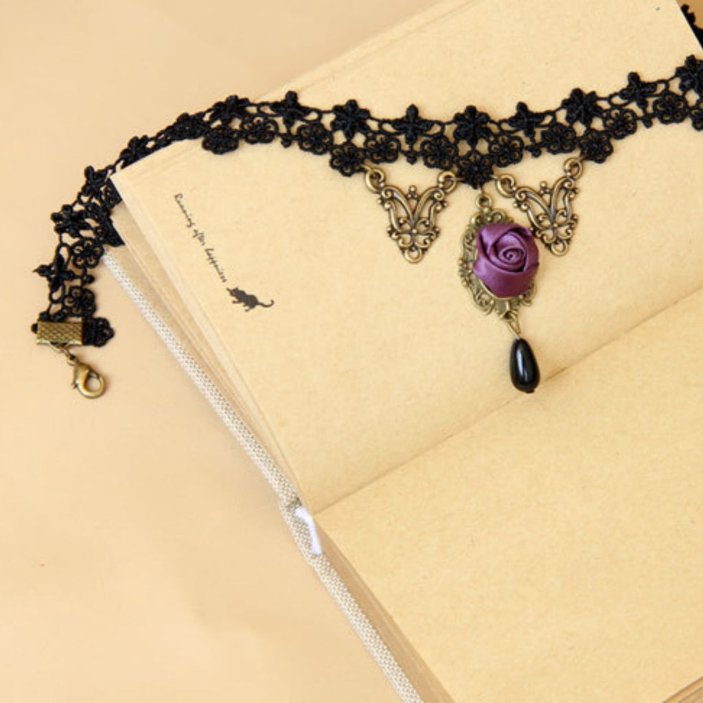 Victorian Gothic Black Lace Floral Choker Necklace | Antique Bronze Filigree Purple Rose Black Teardrop Dark Romance Jewelry