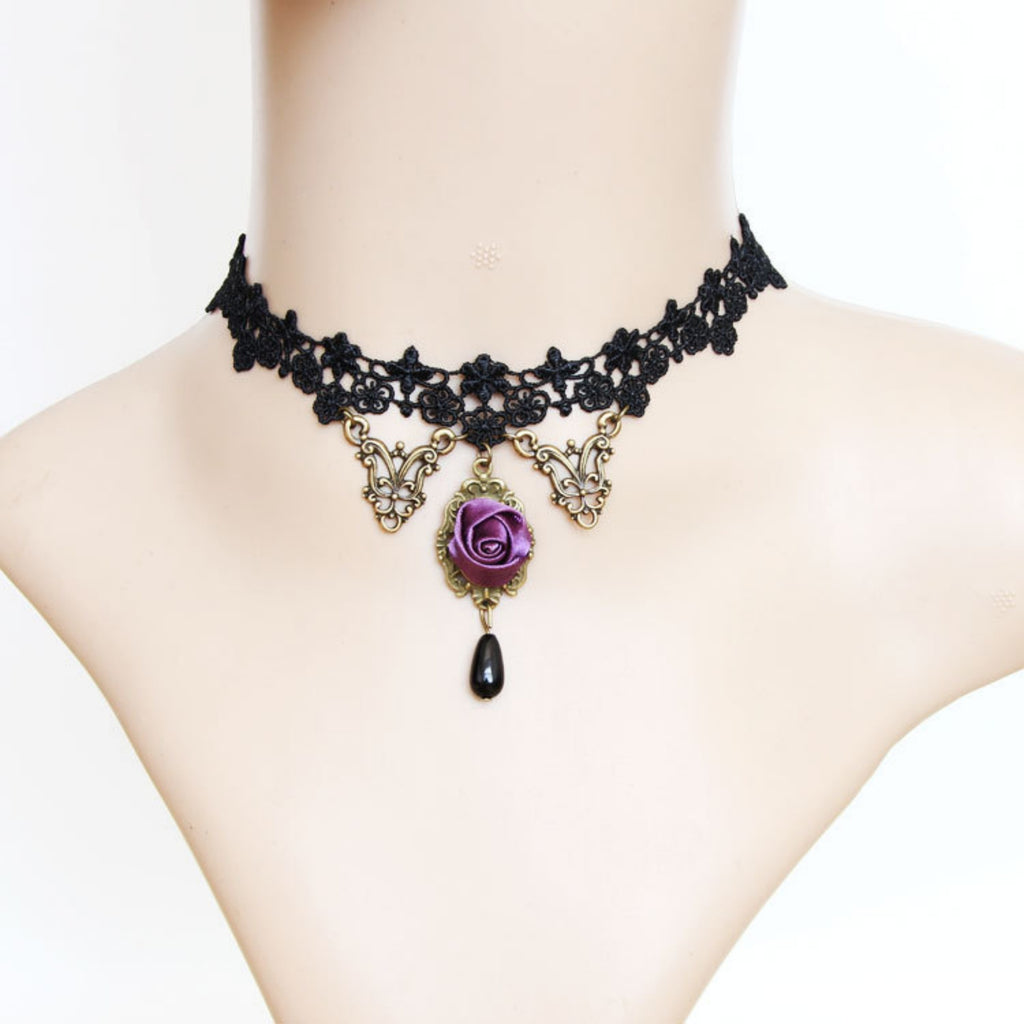 Victorian Gothic Black Lace Floral Choker Necklace | Antique Bronze Filigree Purple Rose Black Teardrop Dark Romance Jewelry
