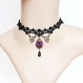 Victorian Gothic Black Lace Floral Choker Necklace | Antique Bronze Filigree Purple Rose Black Teardrop Dark Romance Jewelry