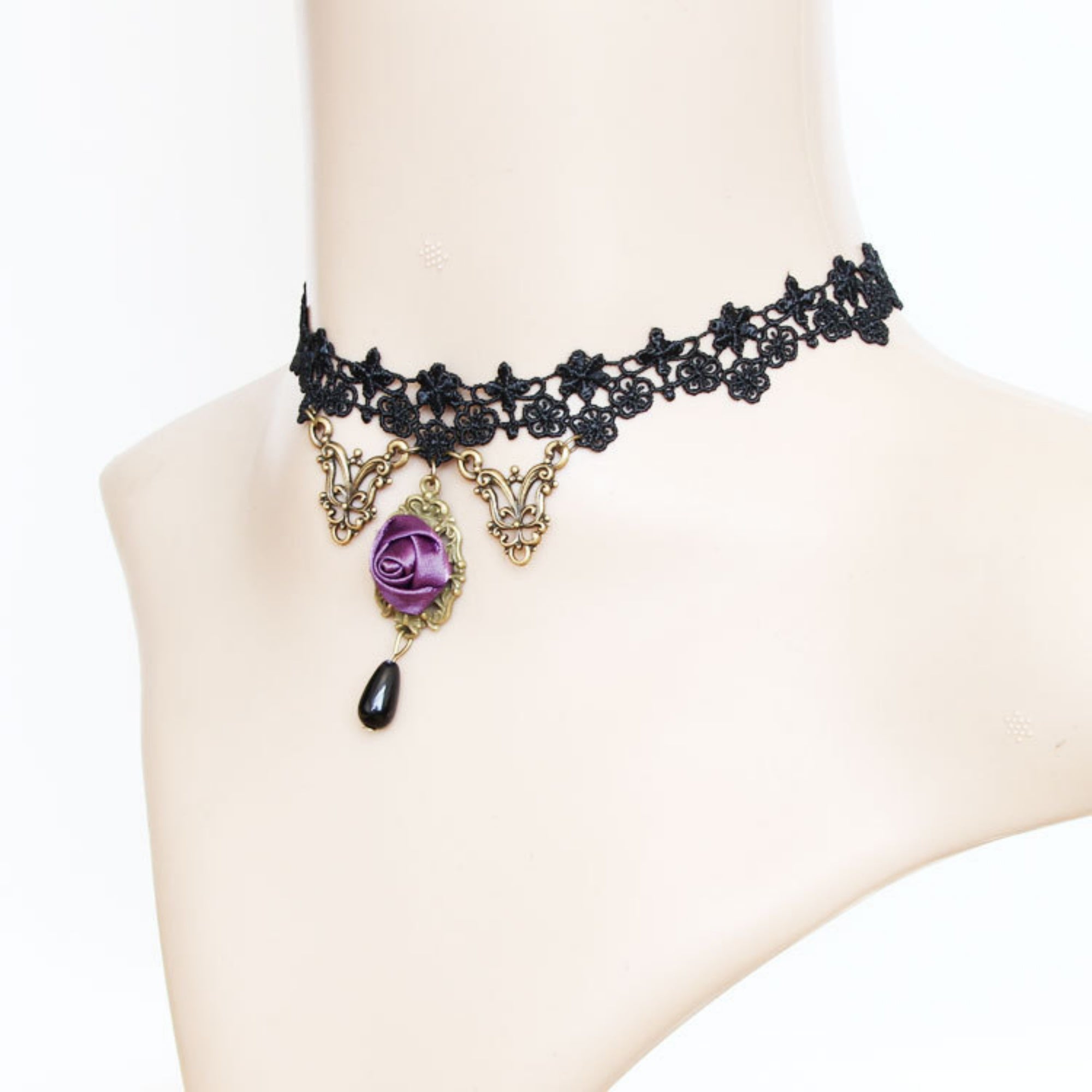 Victorian Gothic Black Lace Floral Choker Necklace | Antique Bronze Filigree Purple Rose Black Teardrop Dark Romance Jewelry